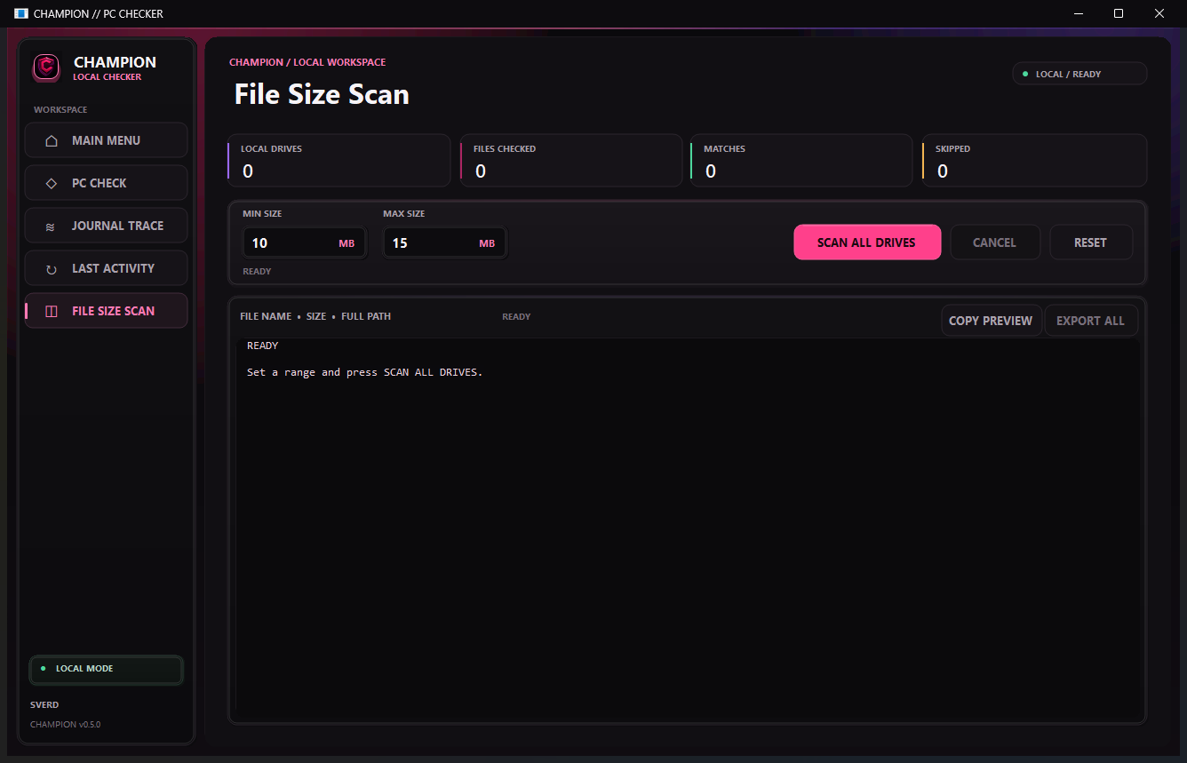 Новый модуль File Size Scan с кнопками управления в CHAMPION