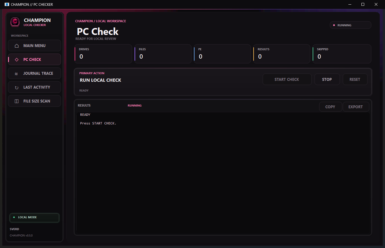 Новый модуль PC Check с кнопками управления в CHAMPION